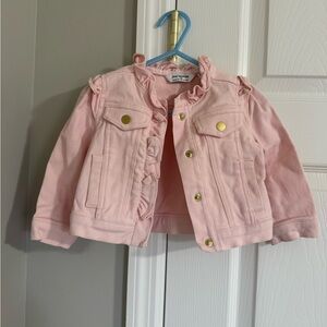 Janie and Jack Juno Valentine line Pink Jean Jacket with Gold Buttons and ruffle